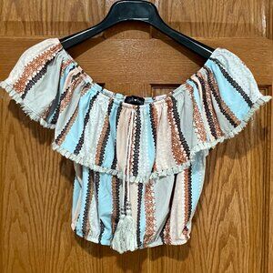 DEREK HEART Women’s M Boho Striped Off The Shoulder Tassel Crop Ruffle Top Shirt